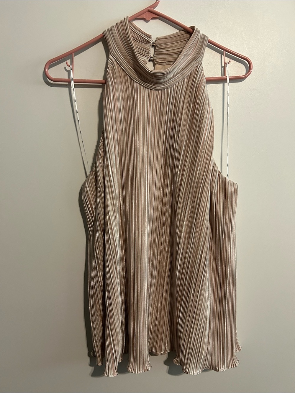 DKNY Shimmery Pleated Halter Top in Light Beige